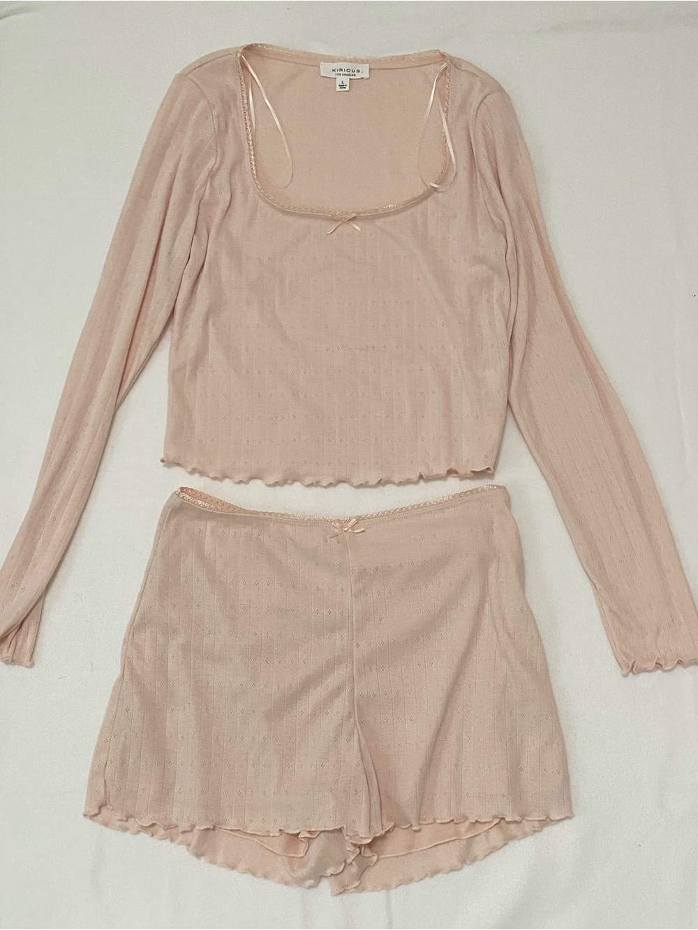 Blush Pink Ribbed Long-Sleeve Crop Top & Shorts Loungewear Set- Never worn